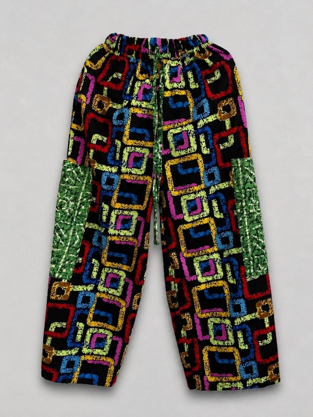 Handmade Colorful Geometric Wide leg Patchwork Pants with Pockets